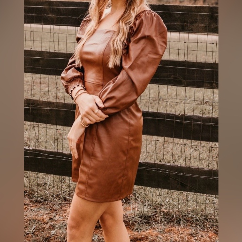 Avec Les Filles Faux leather Brown Puff Sleeve Mini Dress